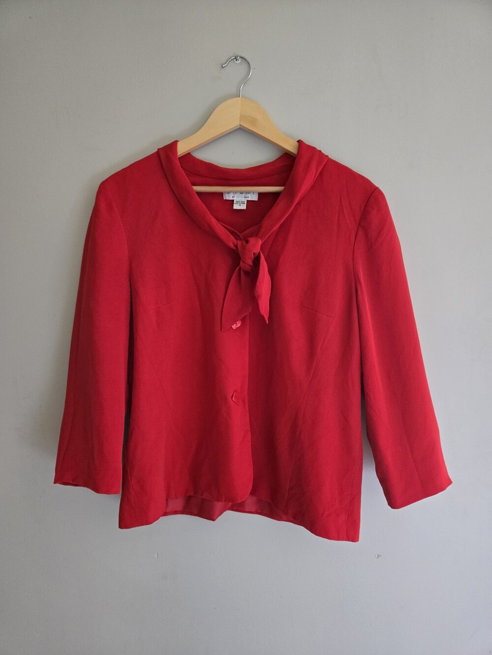 Vintage SHOMI by Miller Shor 100% Silk Red Tie Neck Blazer Jacket Blouse Size 12
